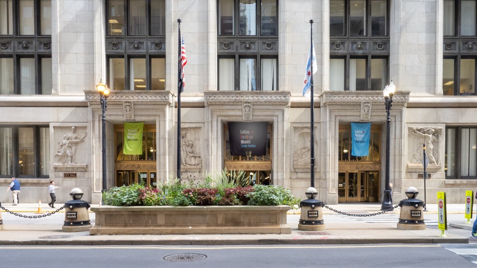 The granite columns and entrances of Chicago City Hall on LaSalle Street