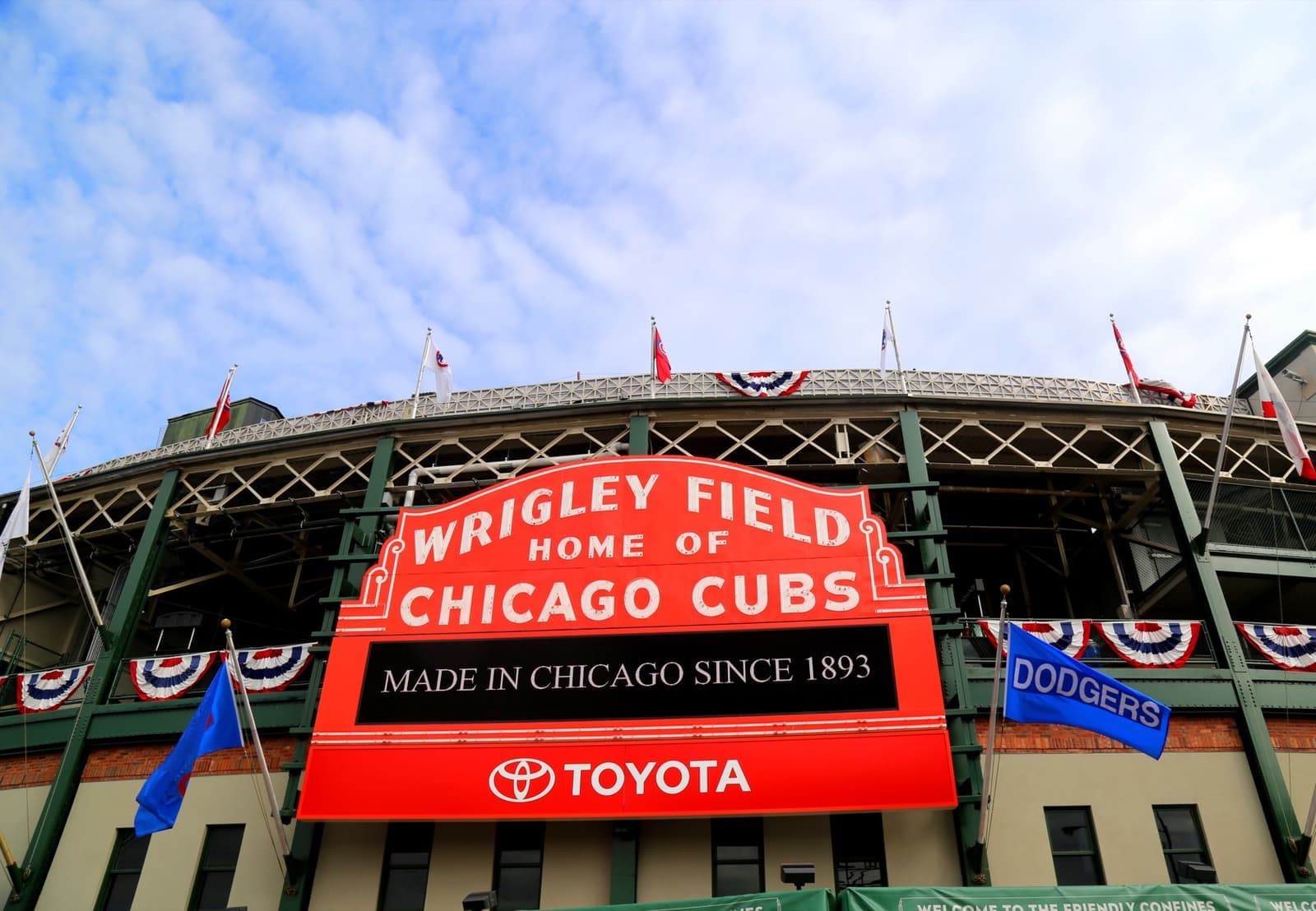 The red Wrigley Field marquee over Clark and Addison
