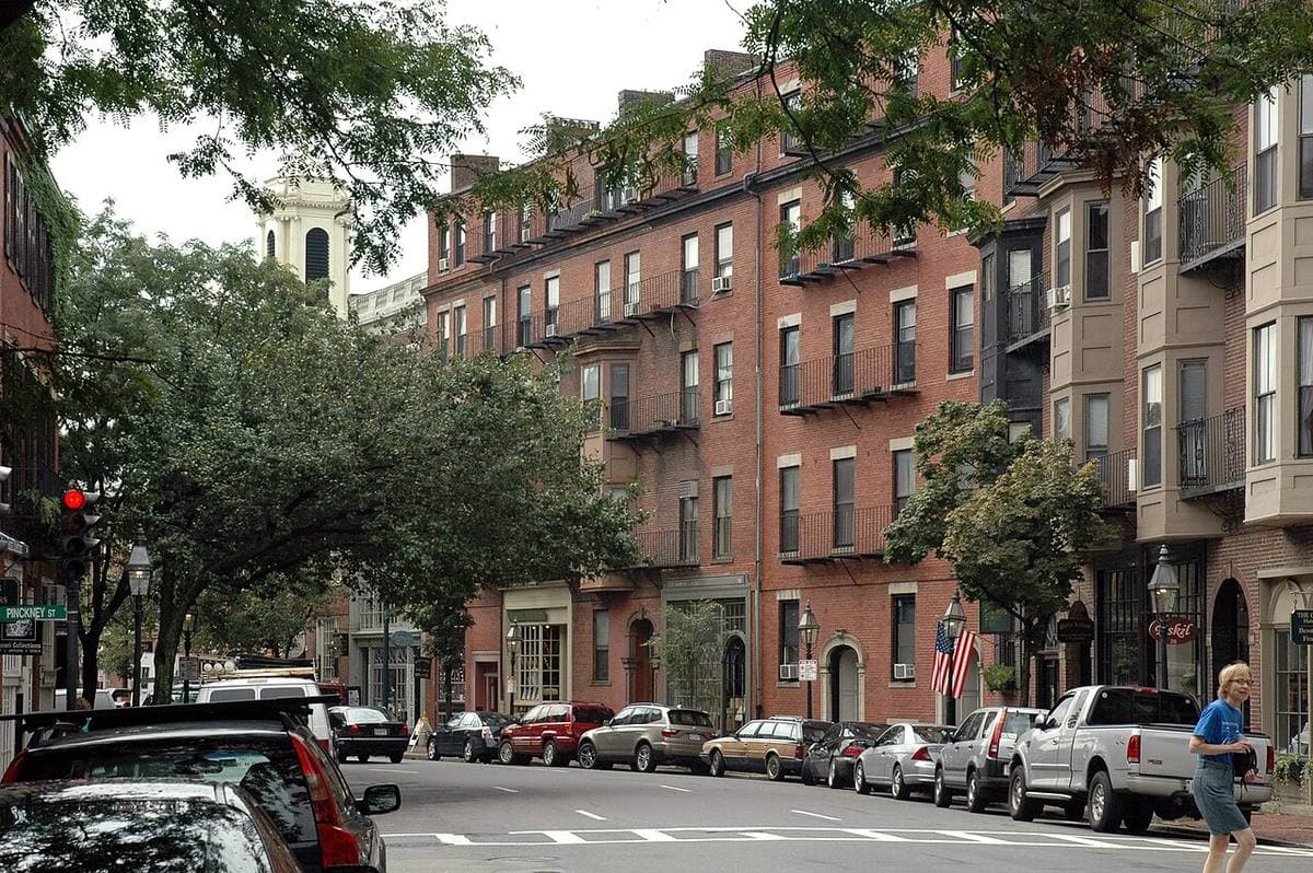 A street of brick shopfronts and parked cars under green trees