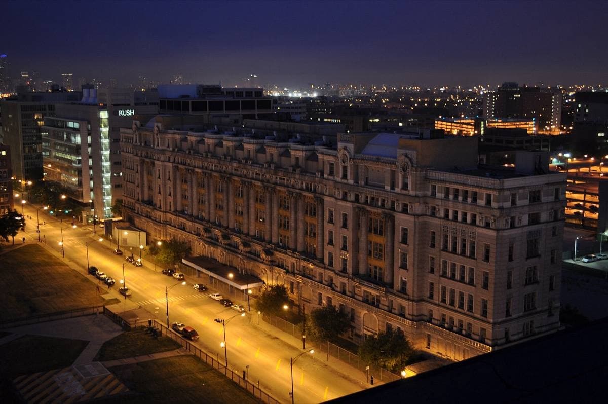 The long front of the old Cook County Hospital