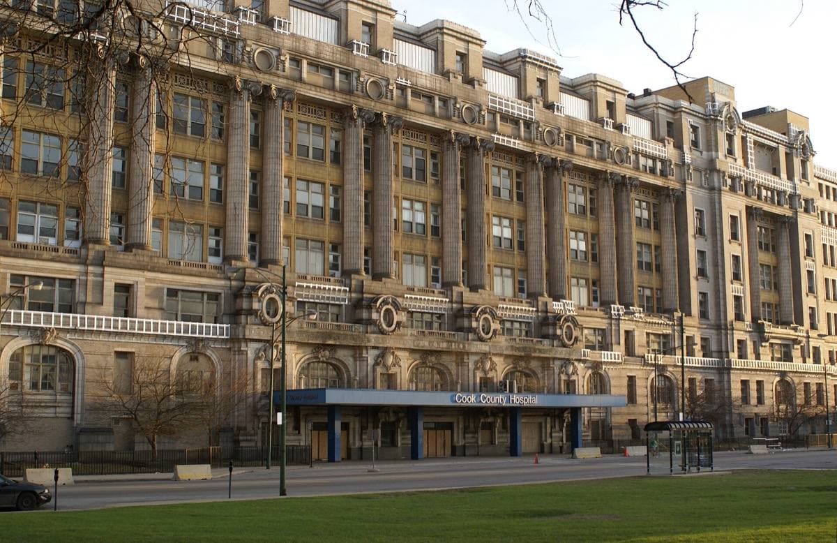 The Beaux-Arts front of the old Cook County Hospital