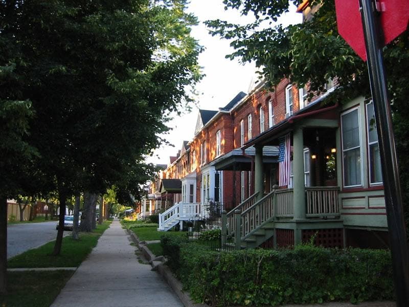 A terrace of brick rowhouses in Pullman