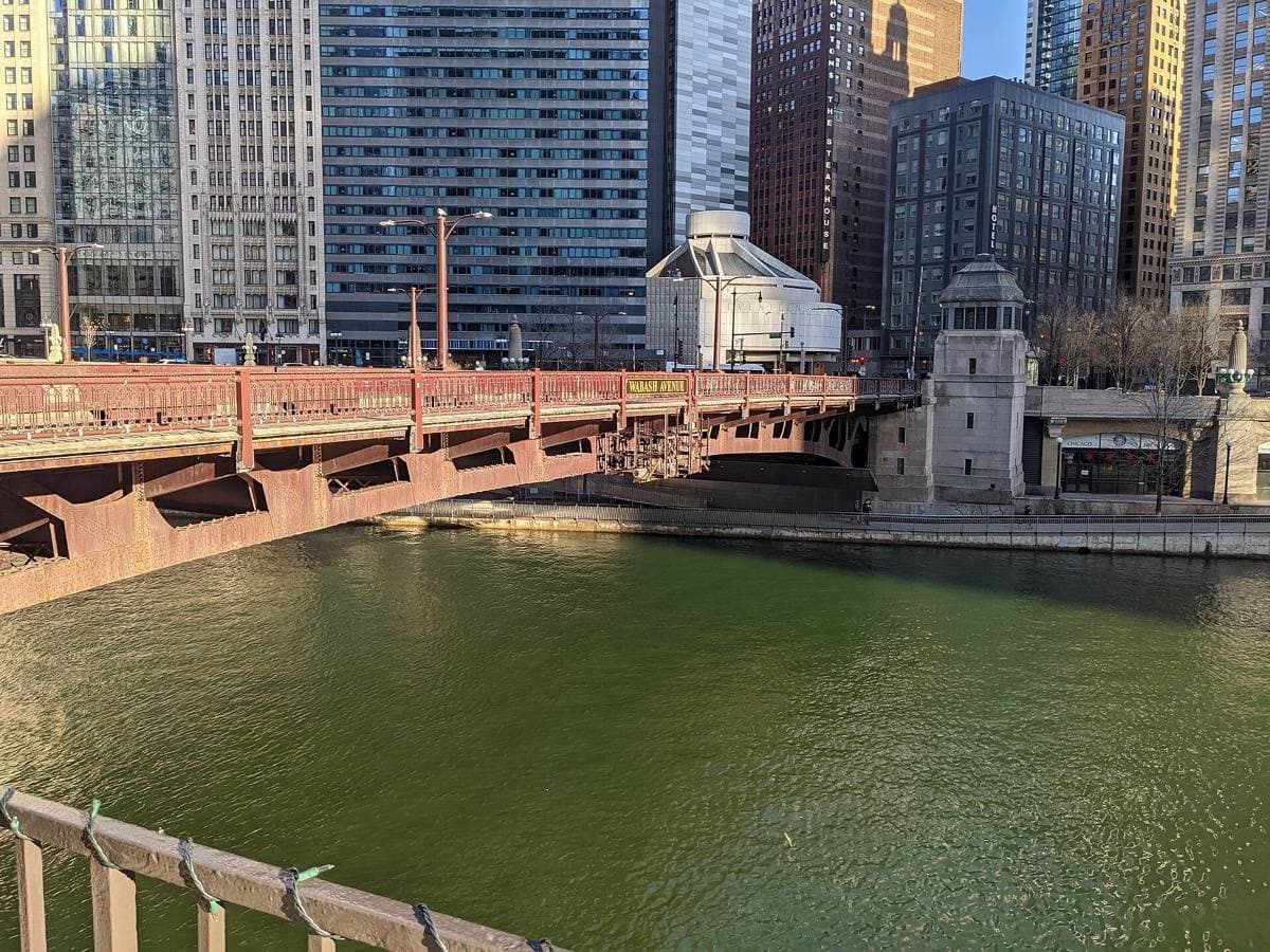 The Chicago River dyed bright green between downtown buildings