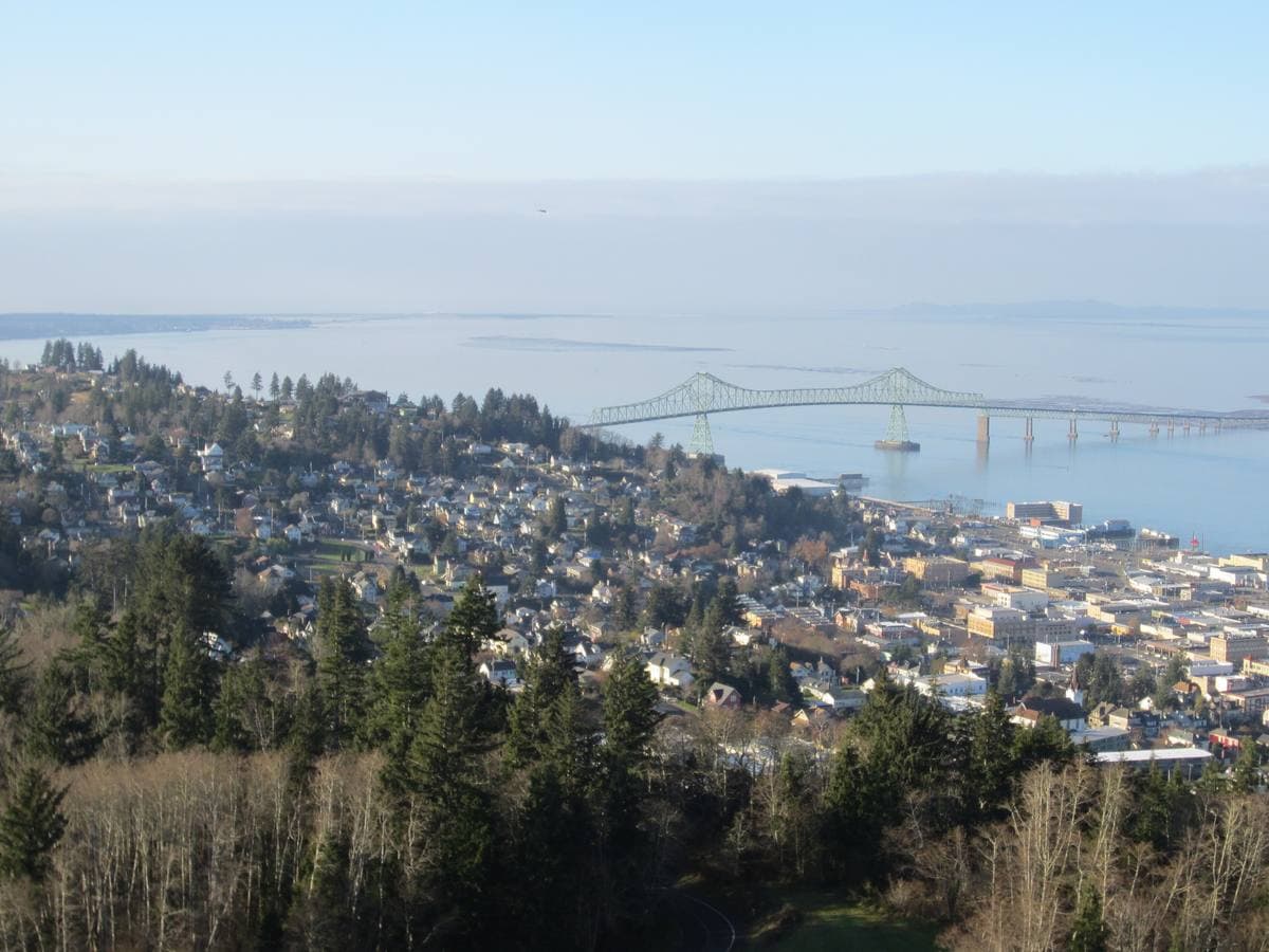 Wooded hillside streets of Astoria running down to the Columbia River and the long bridge