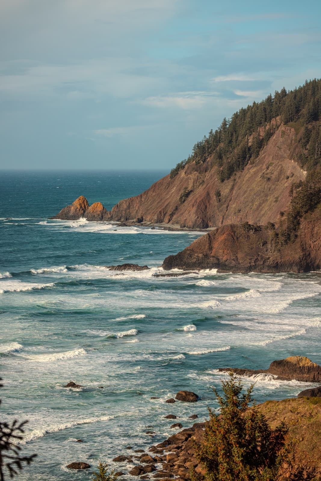 A green headland dropping to a rocky cove with surf breaking on the rocks
