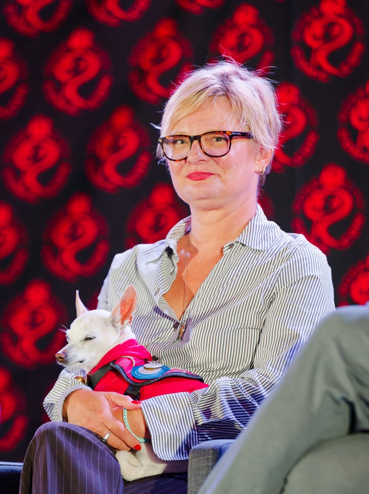 Martha Plimpton on a stage in glasses and a striped shirt, a small white dog on her lap