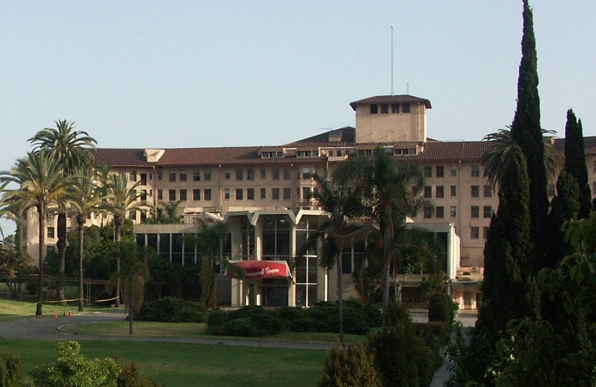 A long, pale, multi-storey hotel behind palm trees and a lawn