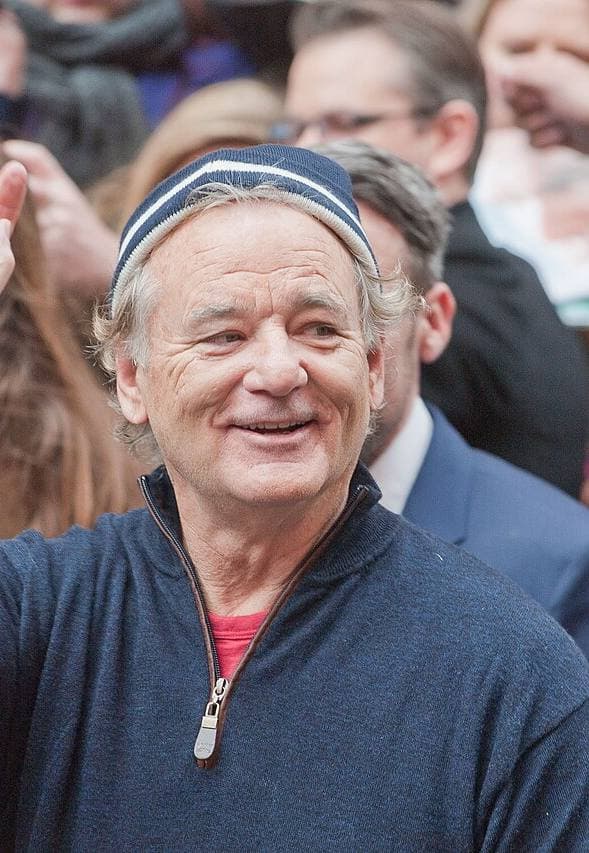 Bill Murray in a striped woollen hat and navy zip jumper, waving to a crowd