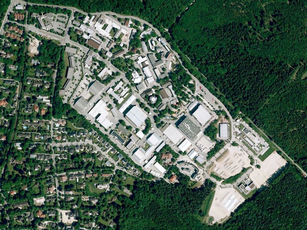 Aerial view of studio buildings among trees south of Munich