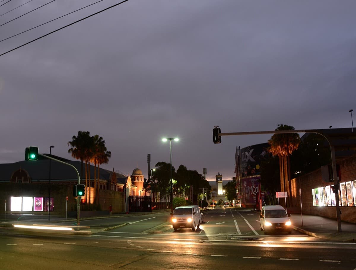 Large studio buildings and a plaza at Moore Park