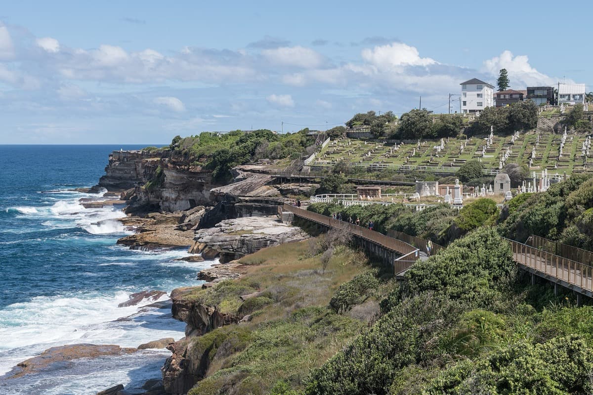 Headstones and monuments on a cliff-top cemetery above the sea