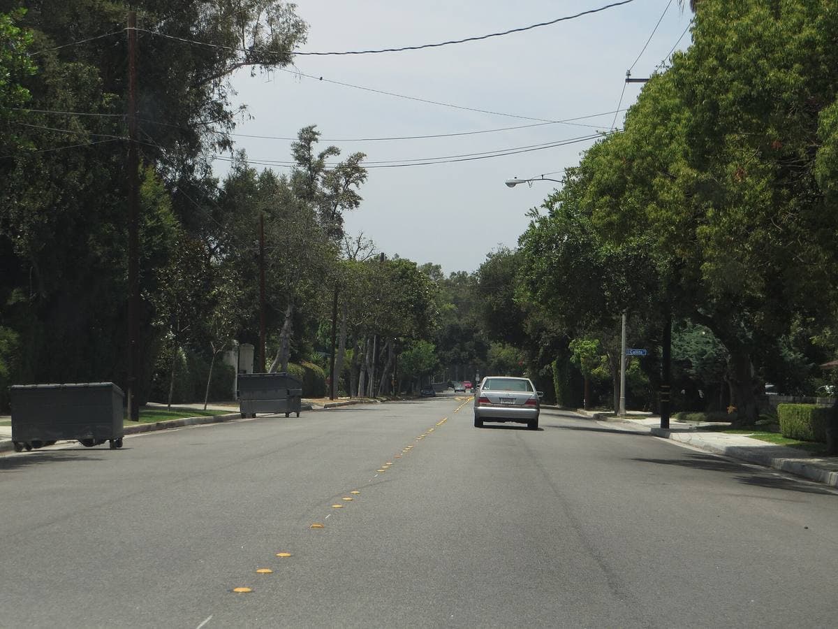 A quiet, wide suburban road under tall trees