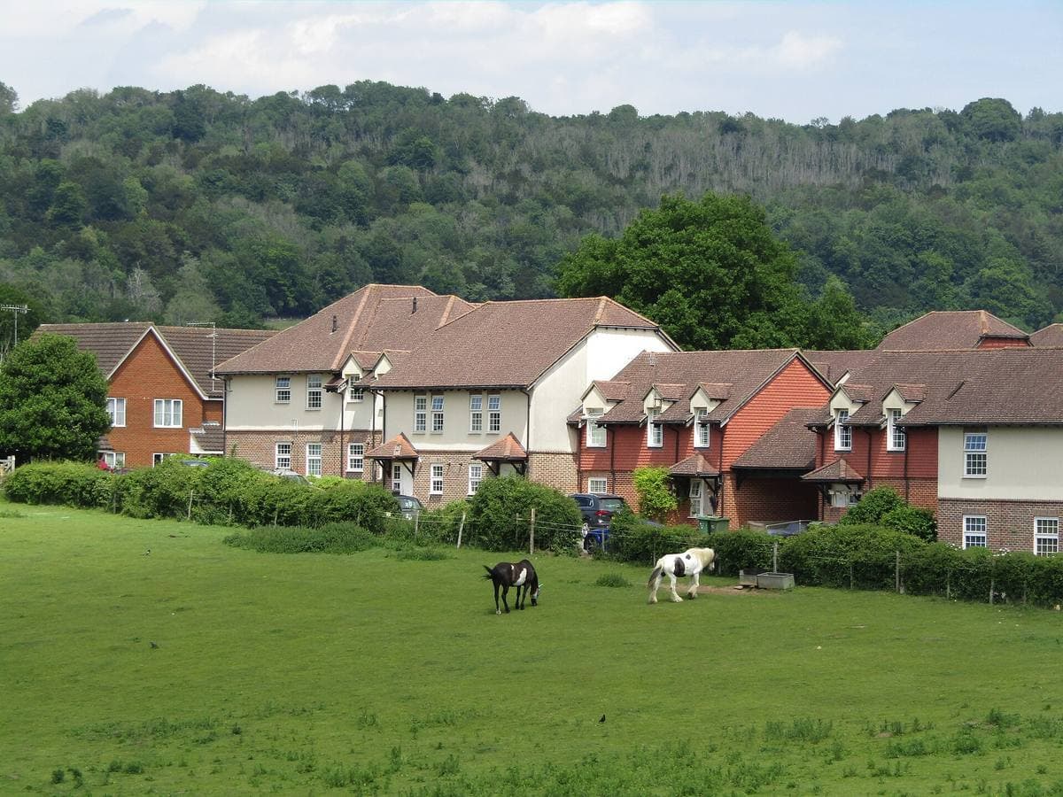 A green field with grazing horses, brick houses beyond and a wooded hill behind