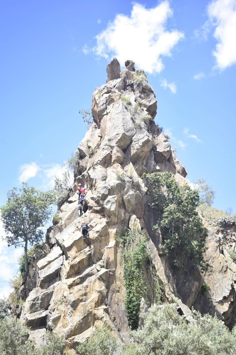 A tall column of rock rising from scrub and grass
