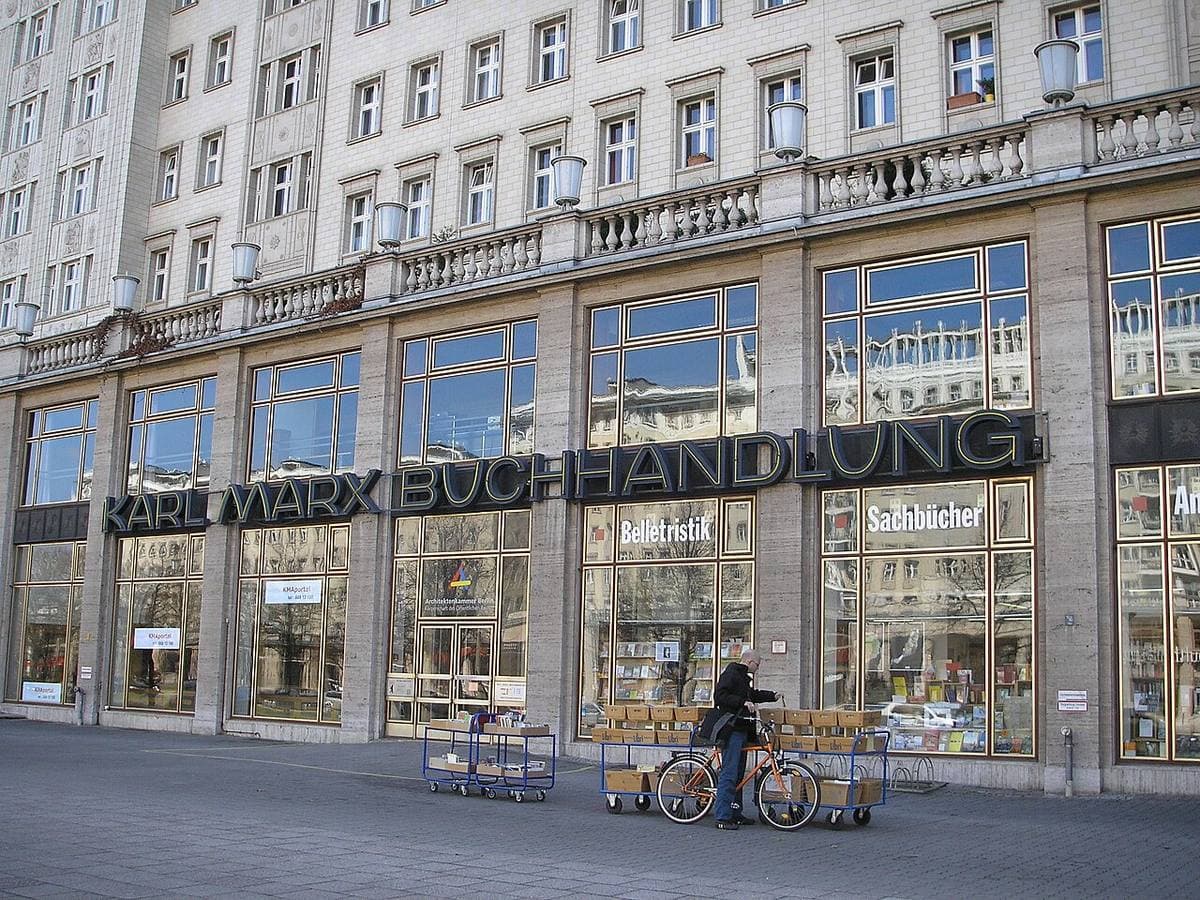 The Karl Marx Buchhandlung shopfront under its long lettered sign, April 2006