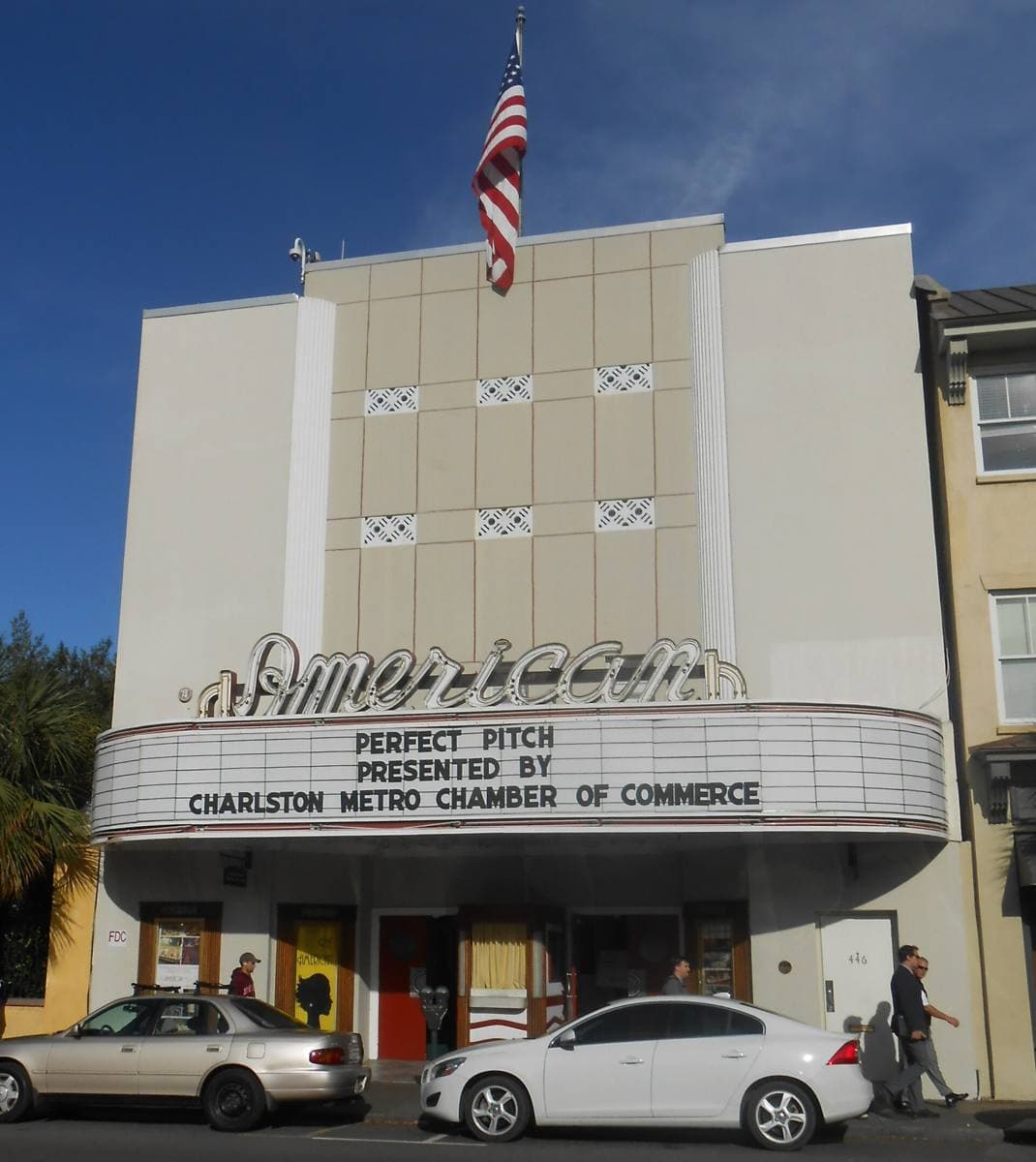 The art deco front and marquee of the American Theater on King Street