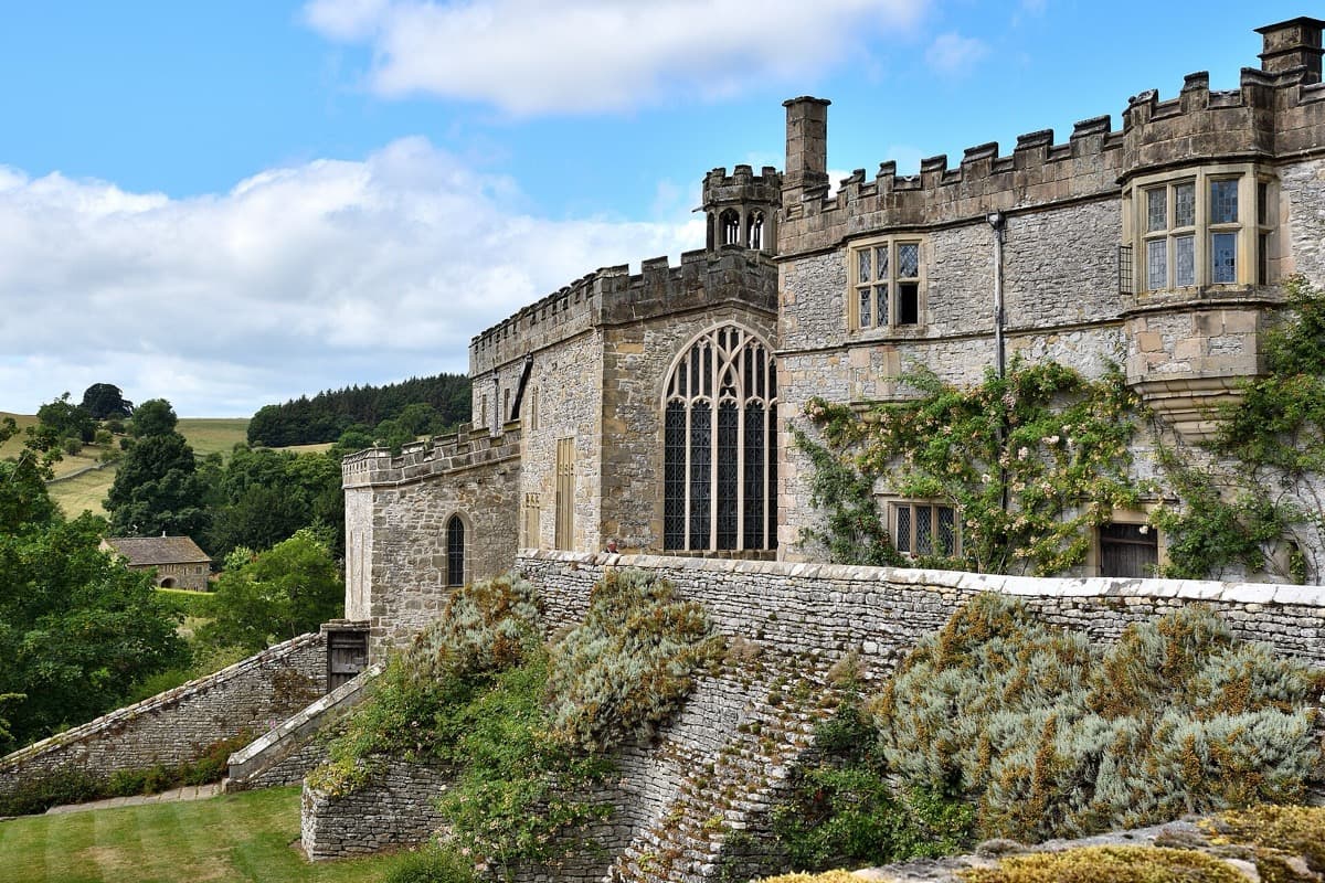Haddon Hall seen across its gardens in Derbyshire.