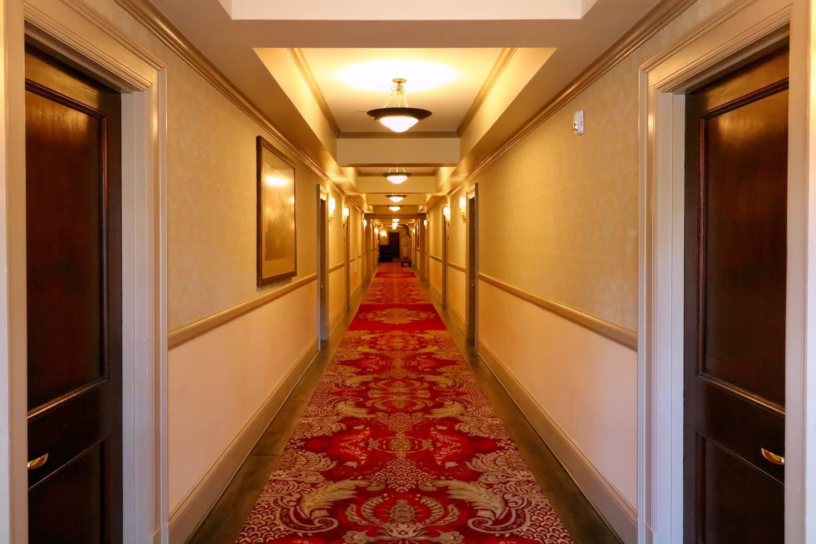 A long hotel corridor with a red patterned runner and doors on both sides