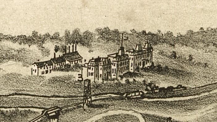 An engraved bird’s-eye drawing of a large institution in open country
