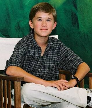 Haley Joel Osment as a boy in a checked shirt, sitting in a canvas chair