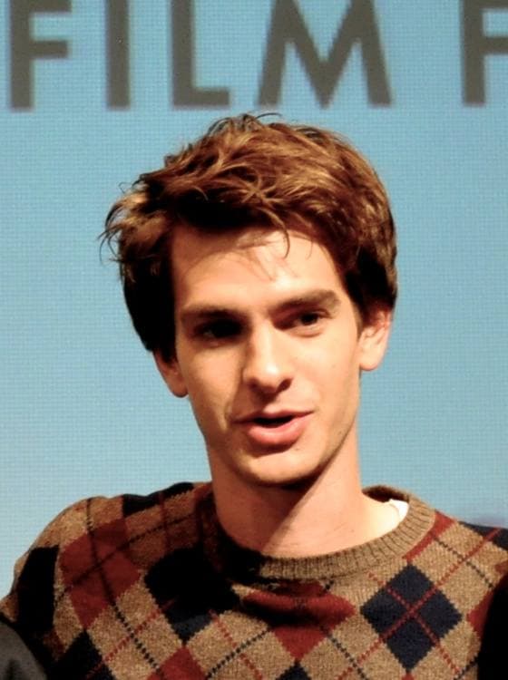 Andrew Garfield in an argyle jumper, smiling slightly
