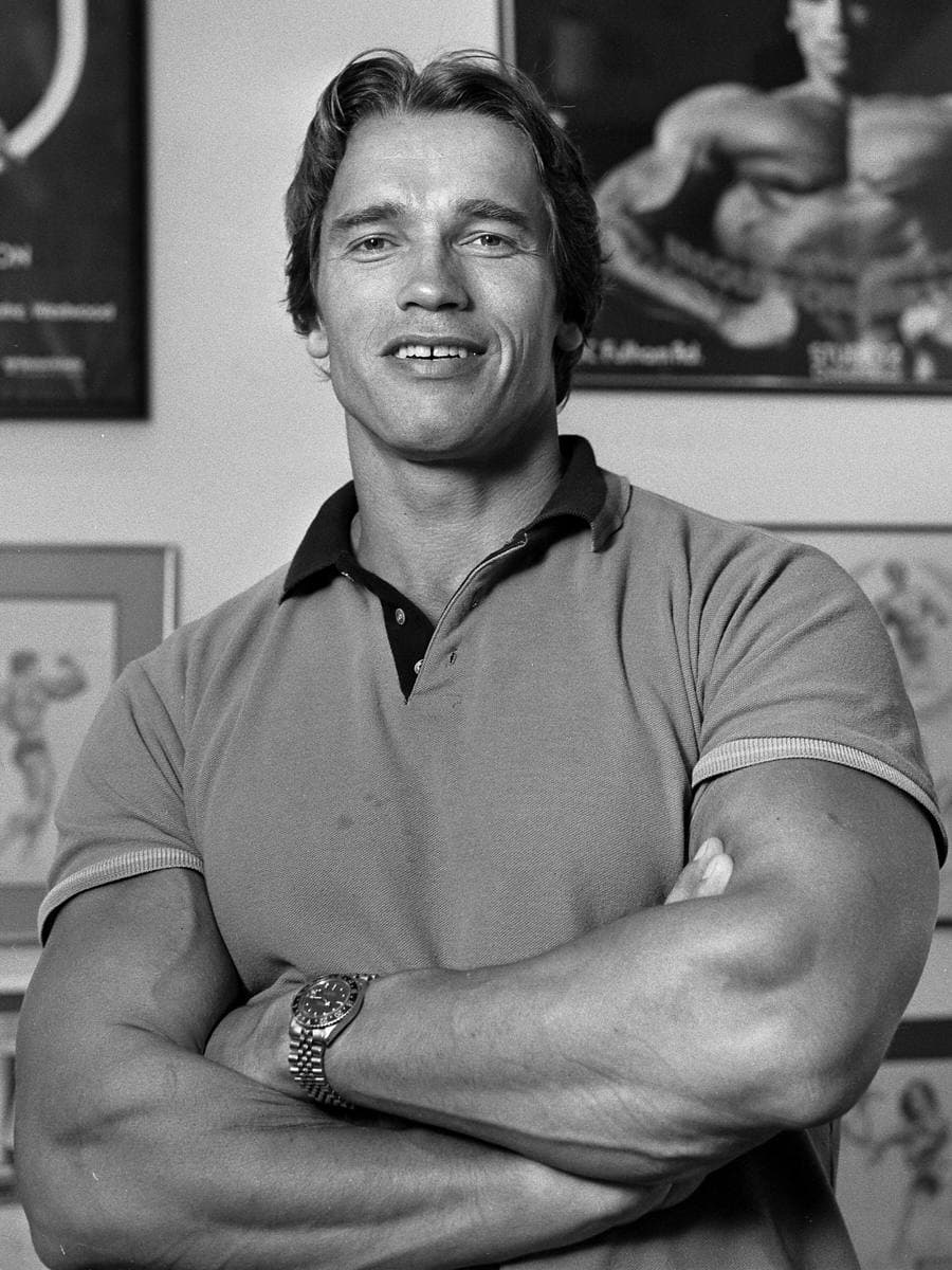 Arnold Schwarzenegger in 1984, arms crossed in a polo shirt, smiling in front of framed posters