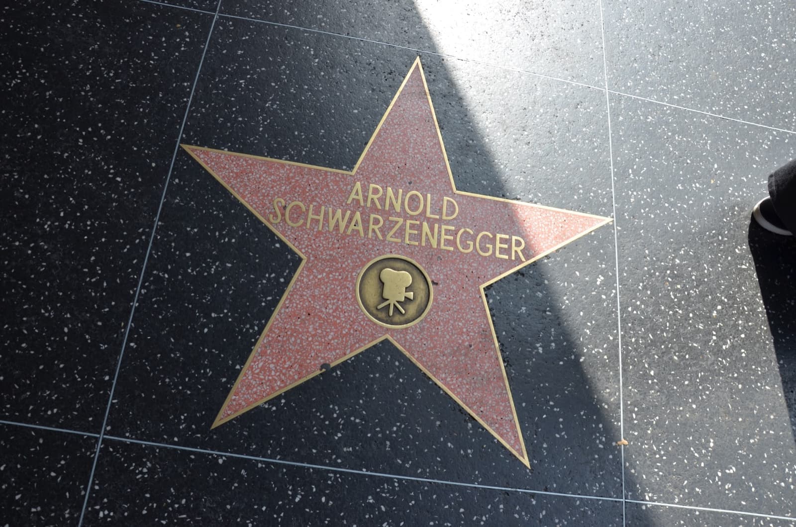 A pink terrazzo star with his name and a film-camera emblem