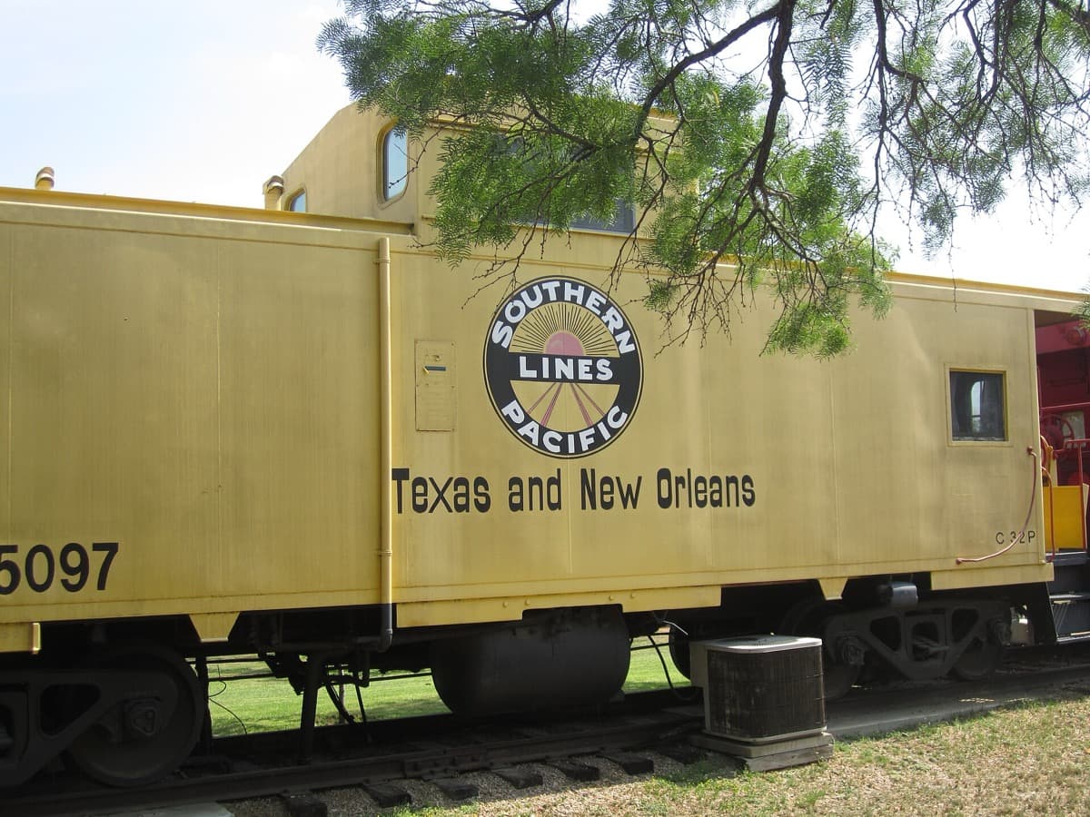A railway line running through a small Texas town