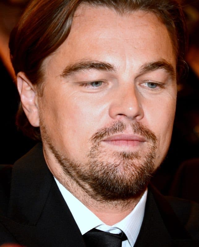 Leonardo DiCaprio with swept-back hair and a short beard, in a dark suit and tie