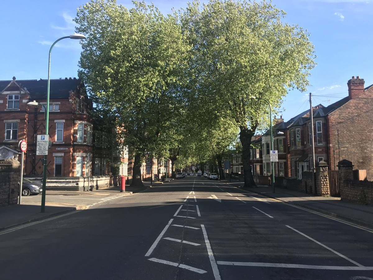 A wide tree-lined road through Lenton with terraced houses