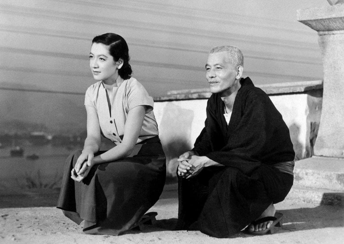 Tokyo Story: Pillow: cut through the empty shots Ozu uses instead of the journey (lantern, railway, chimneys, seawall, castle), each a real place today with its timecode; then send Noriko’s train past Kyōko’s classroom window.