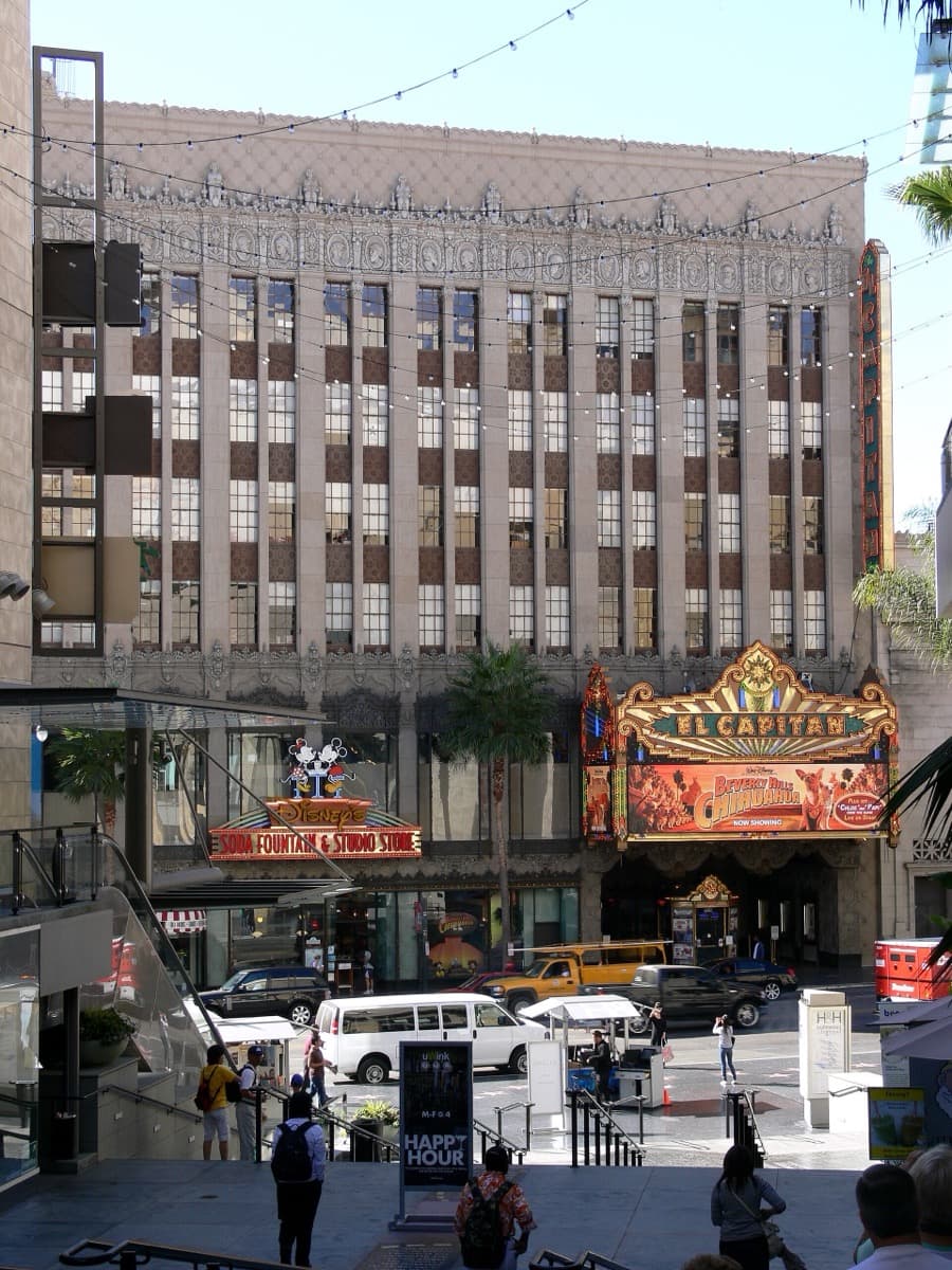 The El Capitan Theatre’s entrance and tall sign on Hollywood Boulevard