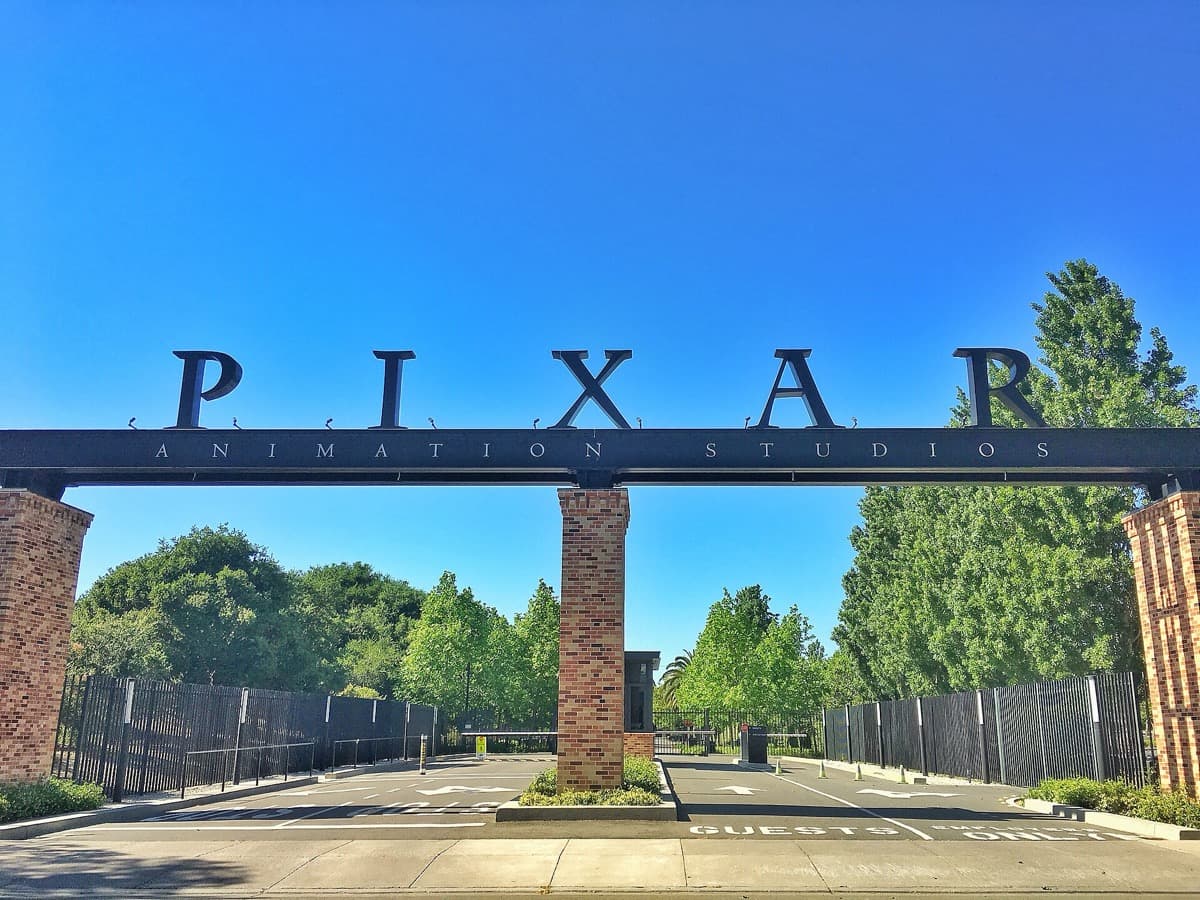 The brick and glass front of Pixar’s Emeryville studio