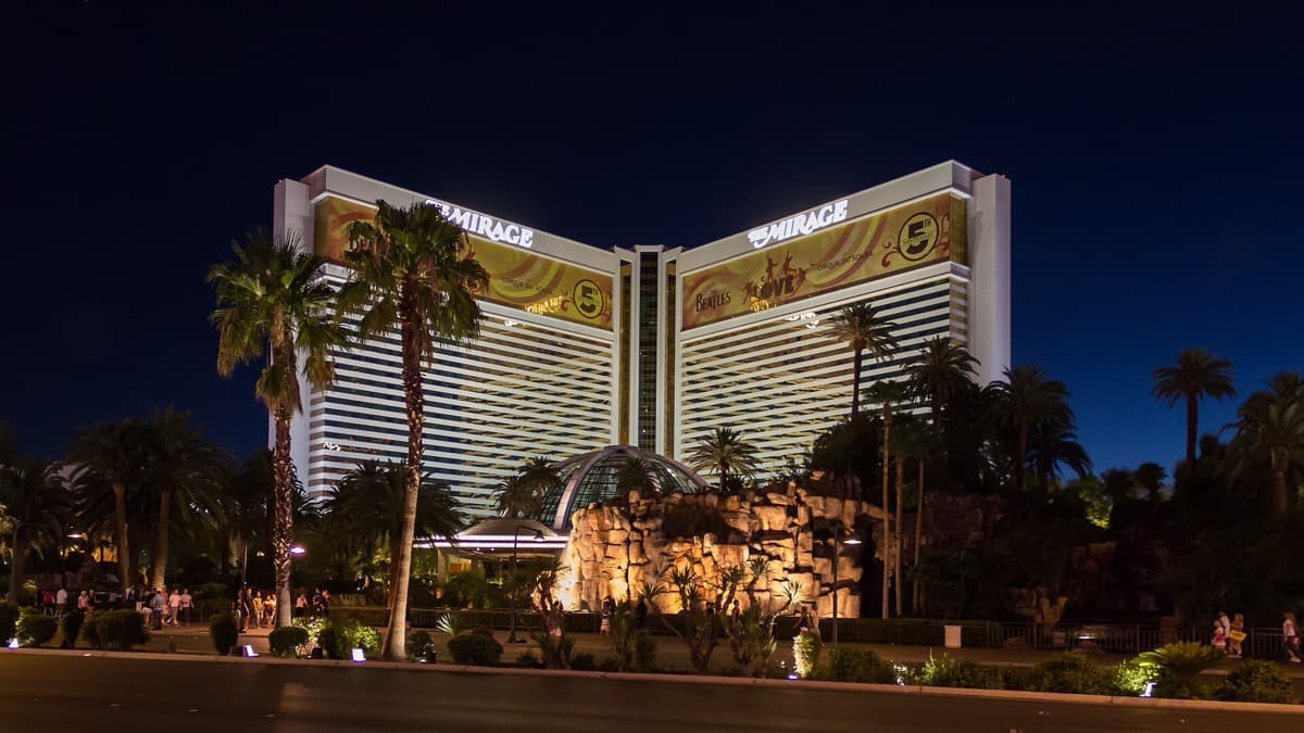 Lit hotel towers on the Las Vegas Strip at night