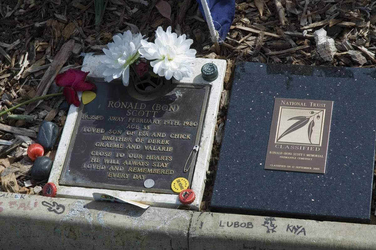 A bronze plaque with flowers laid on it, next to a small classified-place marker