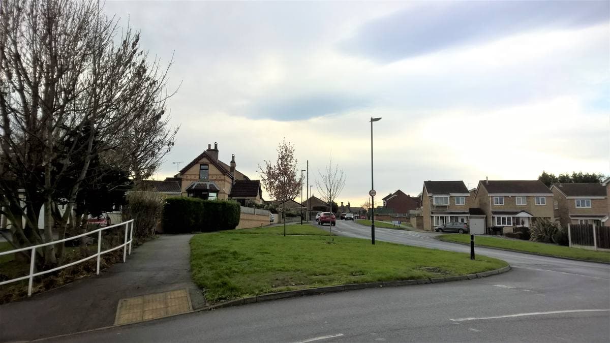 A quiet suburban road curving past a green verge, semi-detached houses and a lamp post under a pale sky