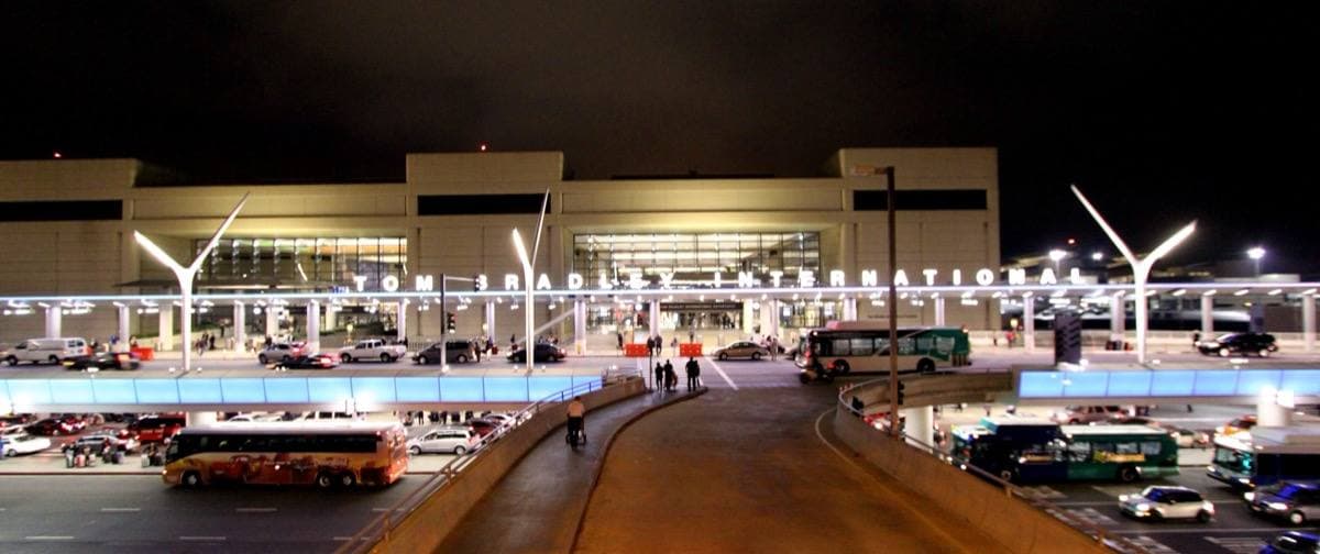The wave-shaped roof of LAX’s Tom Bradley International Terminal at dusk, 2013