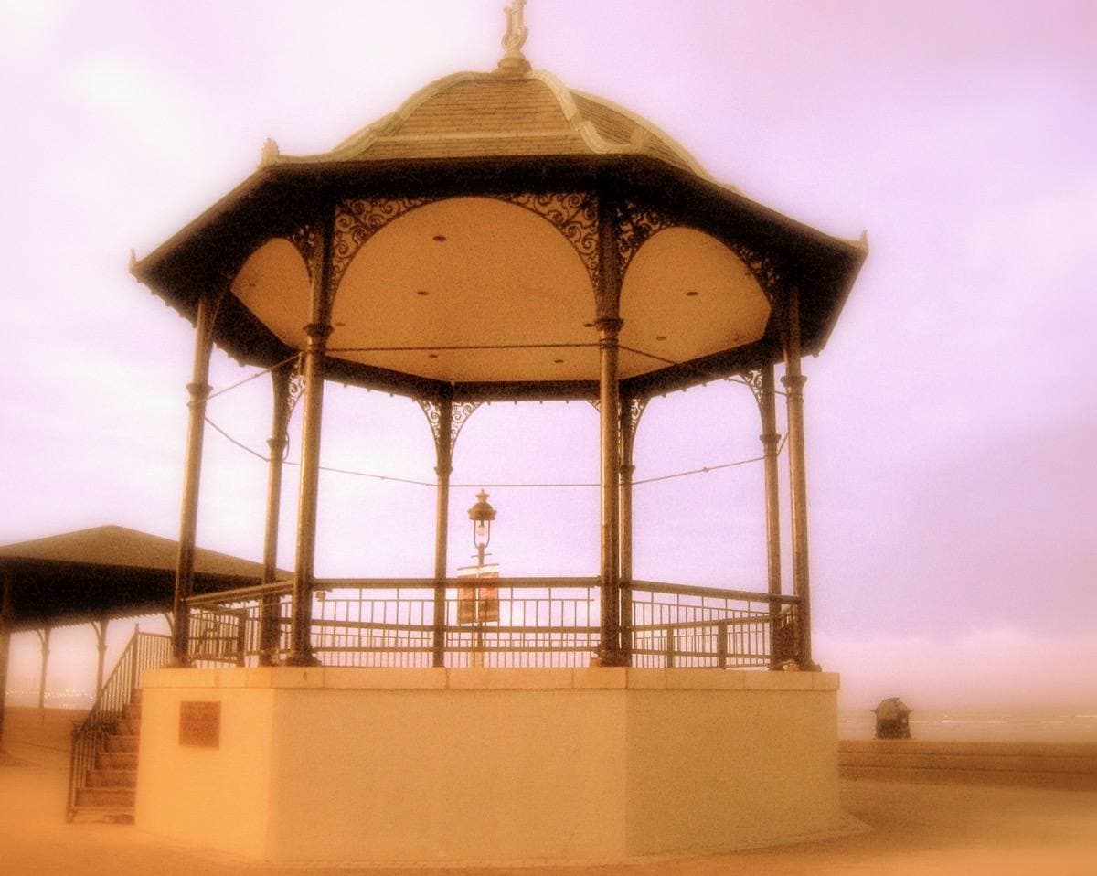 An open bandstand on the Revere Beach promenade