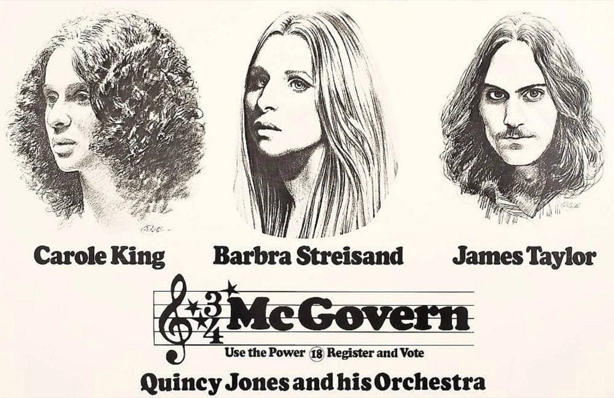 Pencil portraits of Carole King, Barbra Streisand and James Taylor above the word McGovern