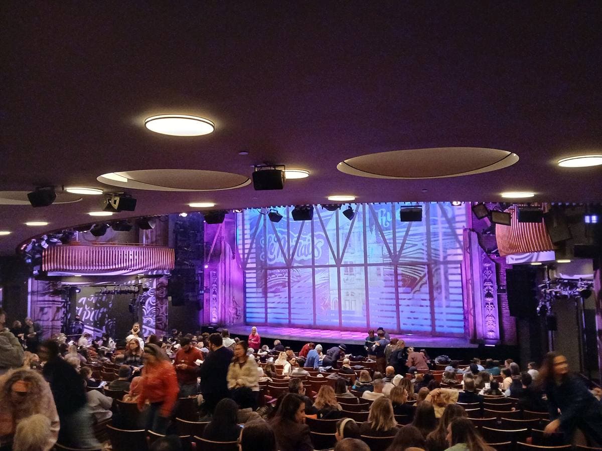 A packed Broadway auditorium lit purple, the stage set behind the proscenium