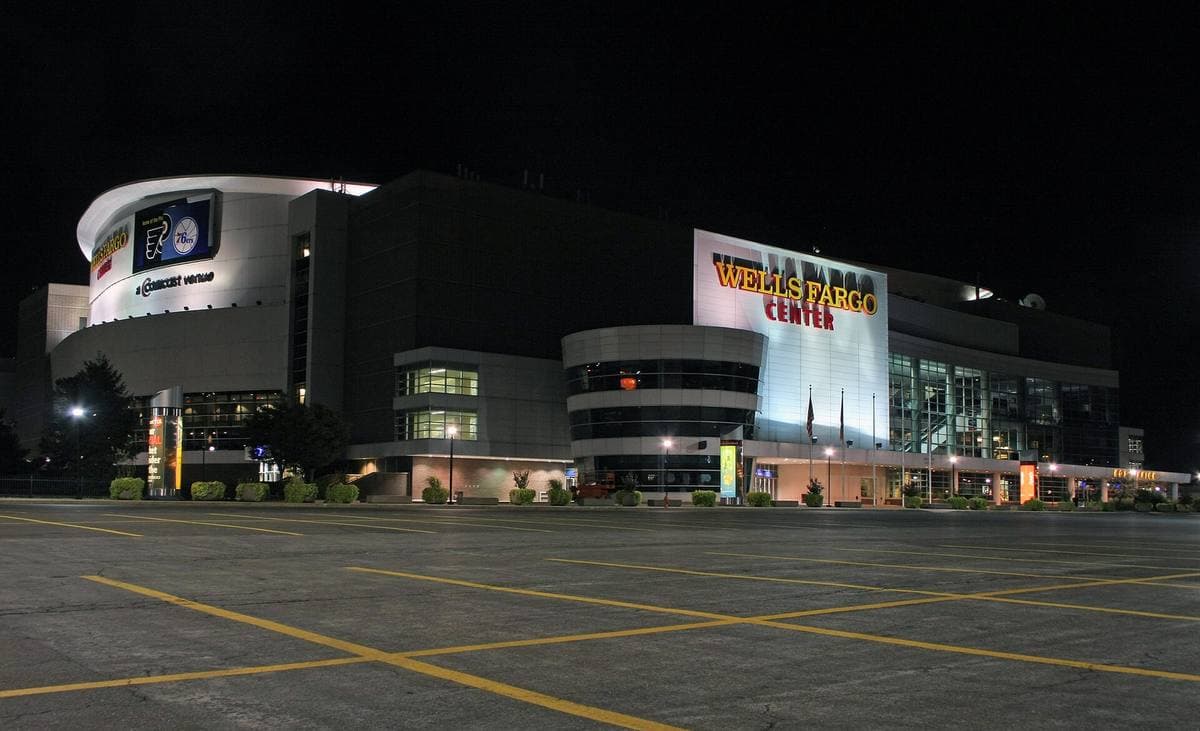 A large modern arena with glass entrances in South Philadelphia