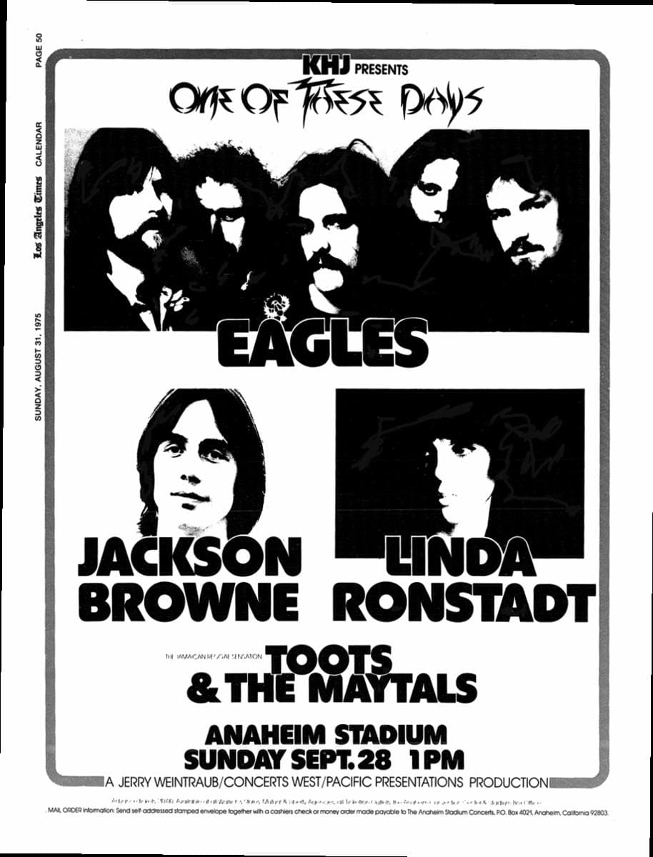 A black and white full-page concert advert with the five Eagles across the top and Jackson Browne and Linda Ronstadt below