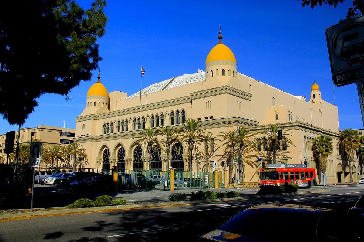 The domed Moorish front of the Shrine Auditorium