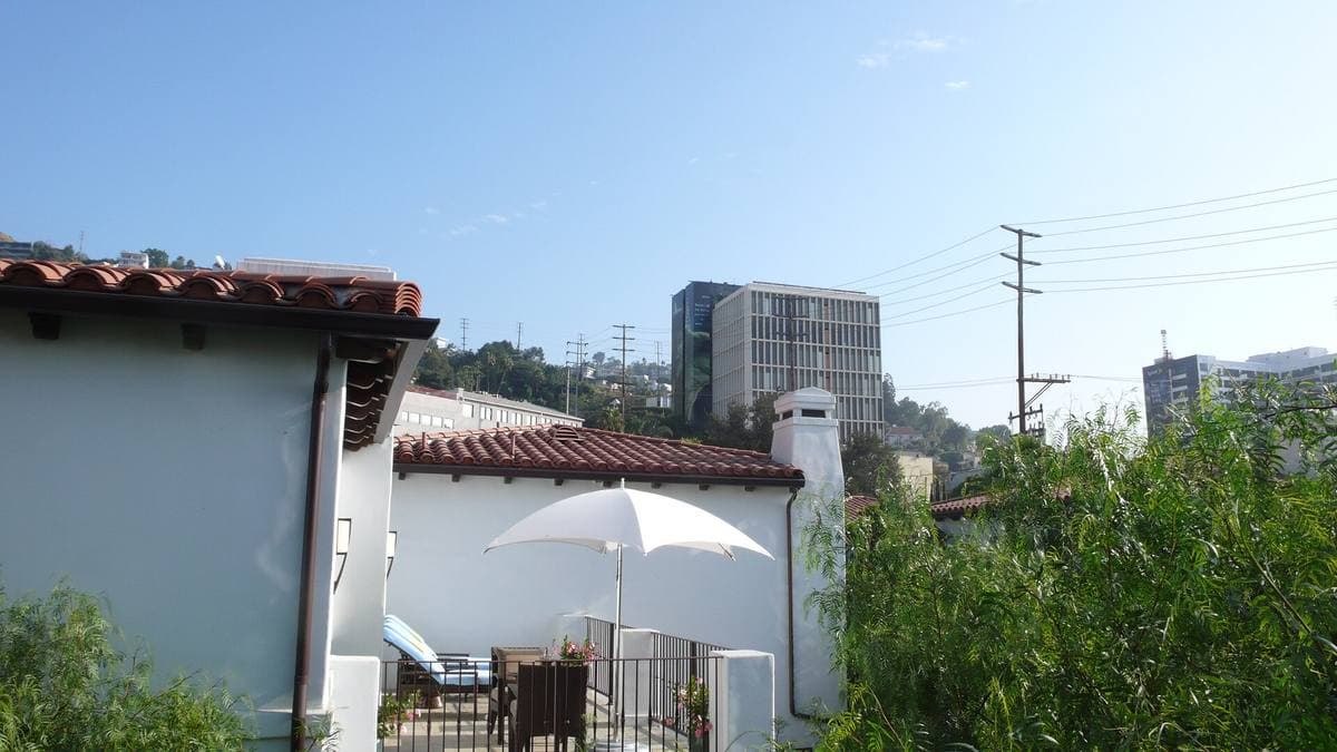 A hotel courtyard with palms in West Hollywood