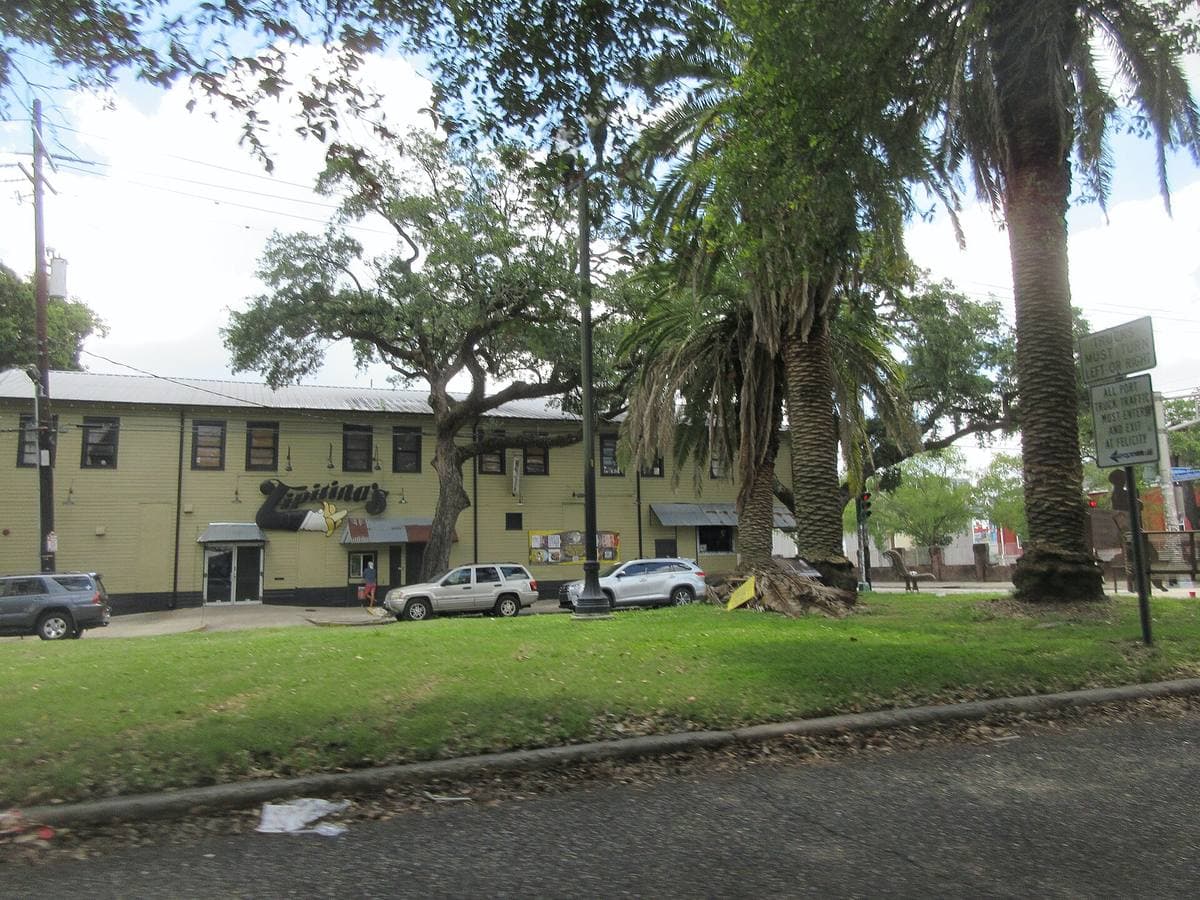 A long green two-storey club building behind palms and oaks