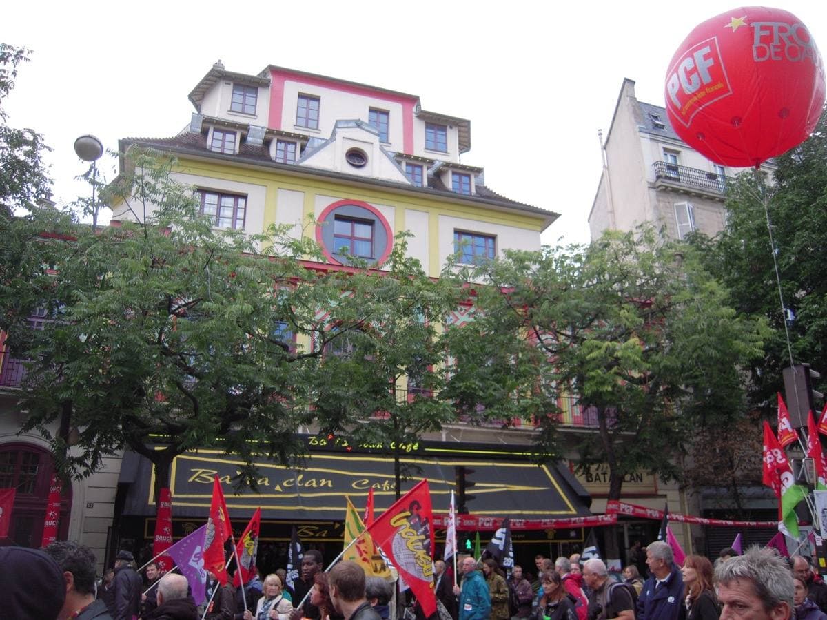 The striped pagoda-style front of the Bataclan concert hall