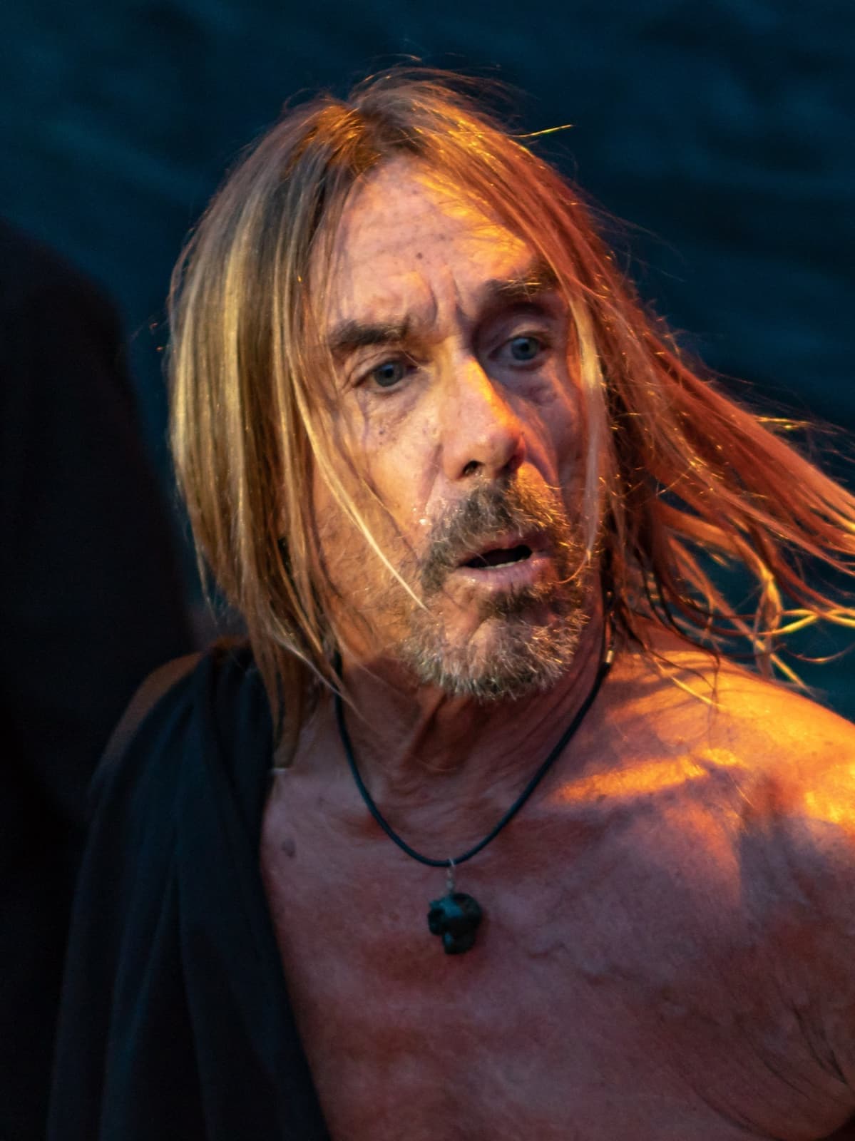 Iggy Pop shirtless, long hair, mouth open mid-line, lit orange against a dark blue stage