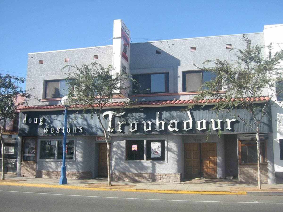The Troubadour nightclub front with its sign above the door