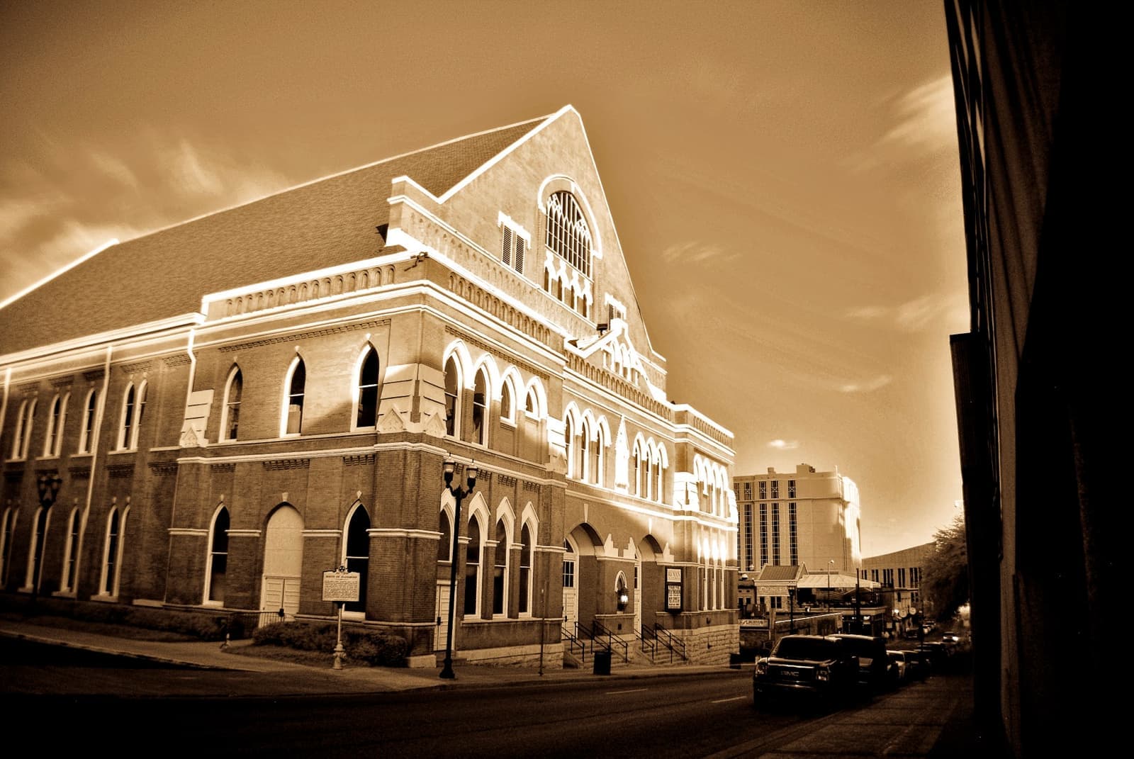 The red-brick Ryman with its tall gothic windows