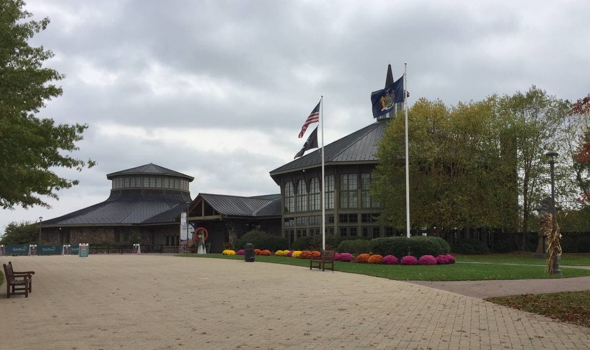 A long low museum building with a timber roof on a lawn